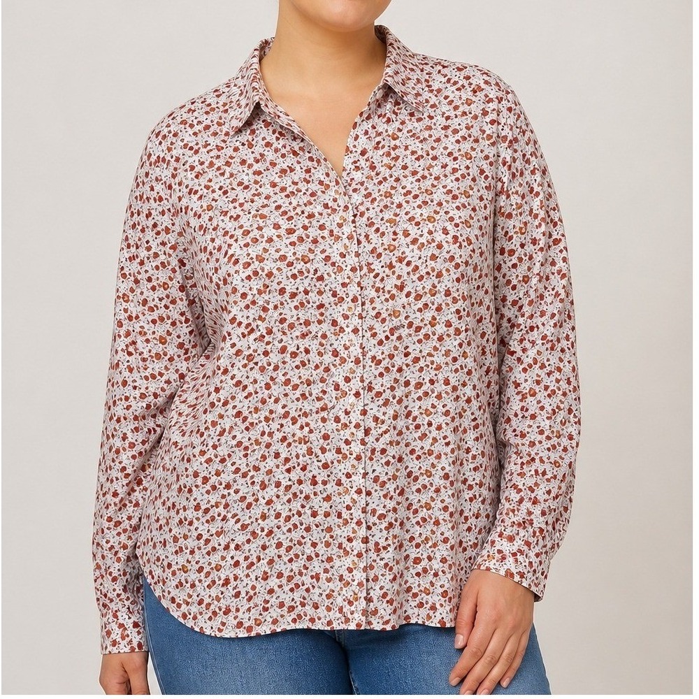 Garnet Hill Button Down Shirt Size 14 Orange Floral Pima Cotton Cottagecore
